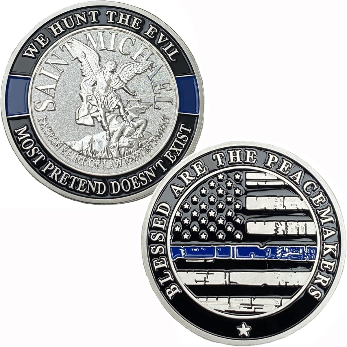 Saint Michael Patron Saint of Law Enforcement Challenge Coin The Thin Blue Line Silver Plated Coins