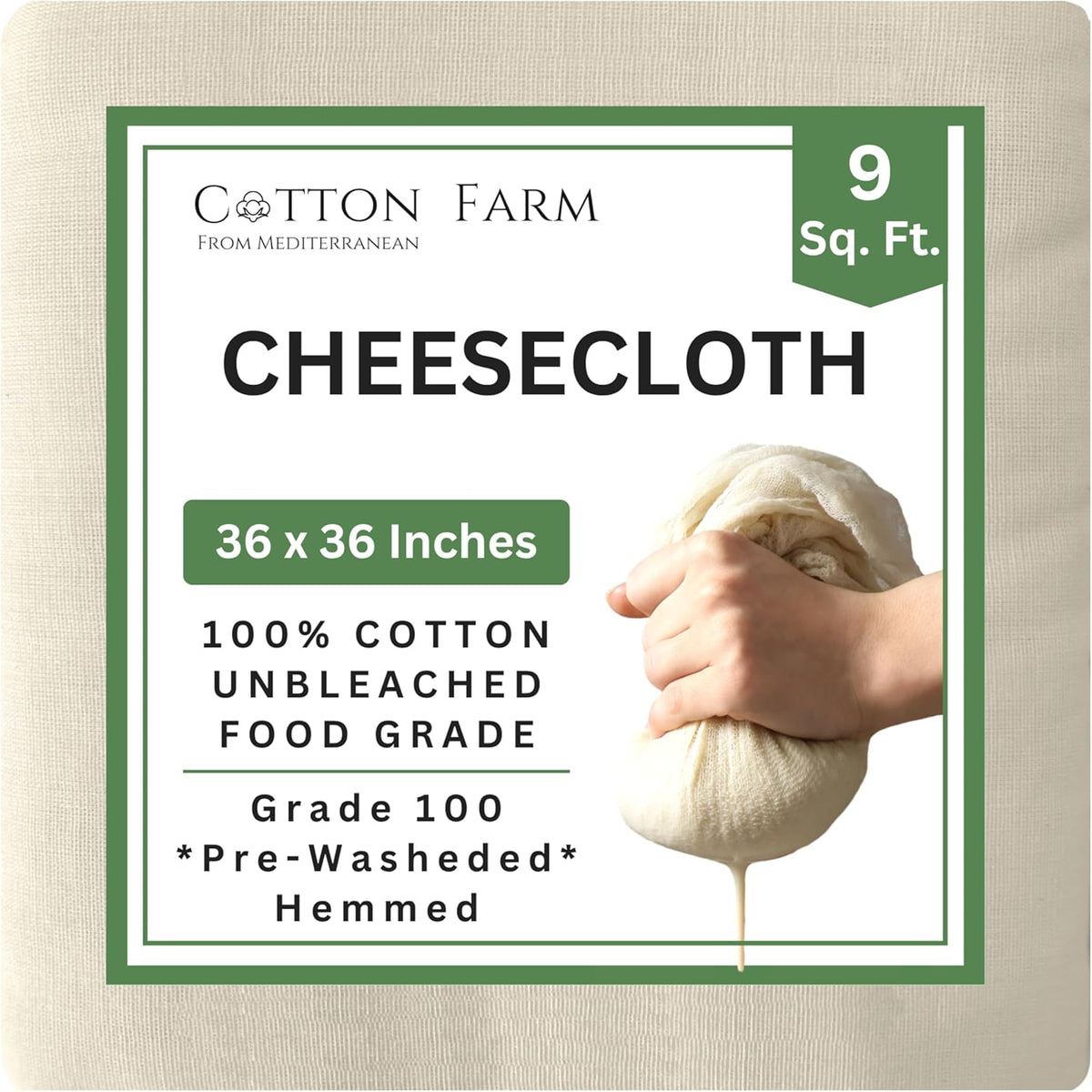 Cotton Farm Grade 100 XL Cheese Cloth - Straining & More; 36x36 Inch; 100% Unbleached Cotton Cheesecloth; Reusable with Hemmed 2 Edges; Ultra-Dense (the finest) Butter Muslin
