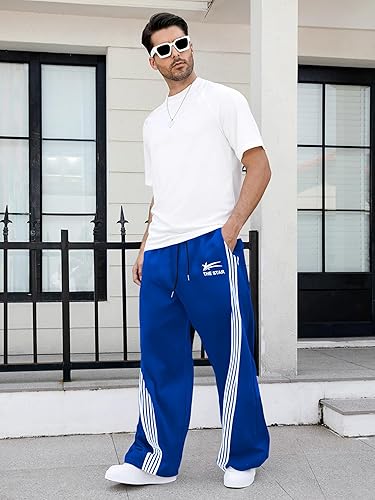 GORGLITTER Men's Baggy Wide Leg Sweatpants Y2K Striped Side Drawstring Waist Barrel Track Pants with Pockets