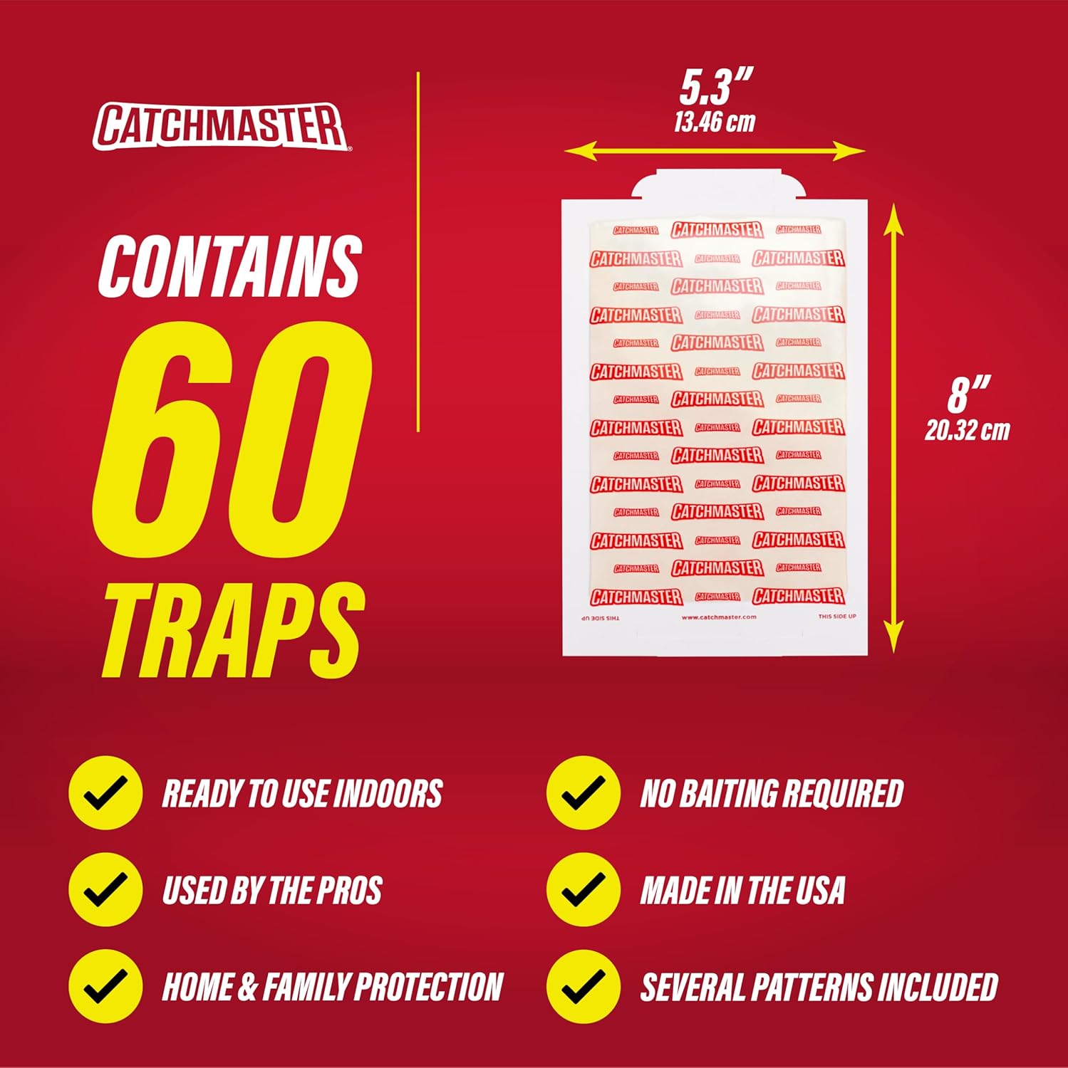 Catchmaster Sticky Insect & Mouse Traps 60-Count, 5.3"x8" Glue Boards for Mice & Insects, Ultra Sticky Rat & MouseTraps Indoor for Home Use in Garages, Basements & Attics, Pest Control for Home