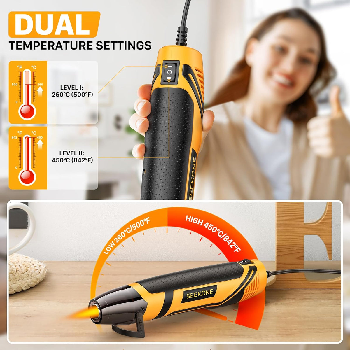 SEEKONE Mini Heat Gun, 350W 2-Temp Settings 500℉ & 842℉（260℃& 450℃） Fast Heat Hot Air Gun Tool with Reflector Nozzle and 4.9Ft Long Cable Overload Protection for Crafting, Vinyl Wrap and Shrink Tubing