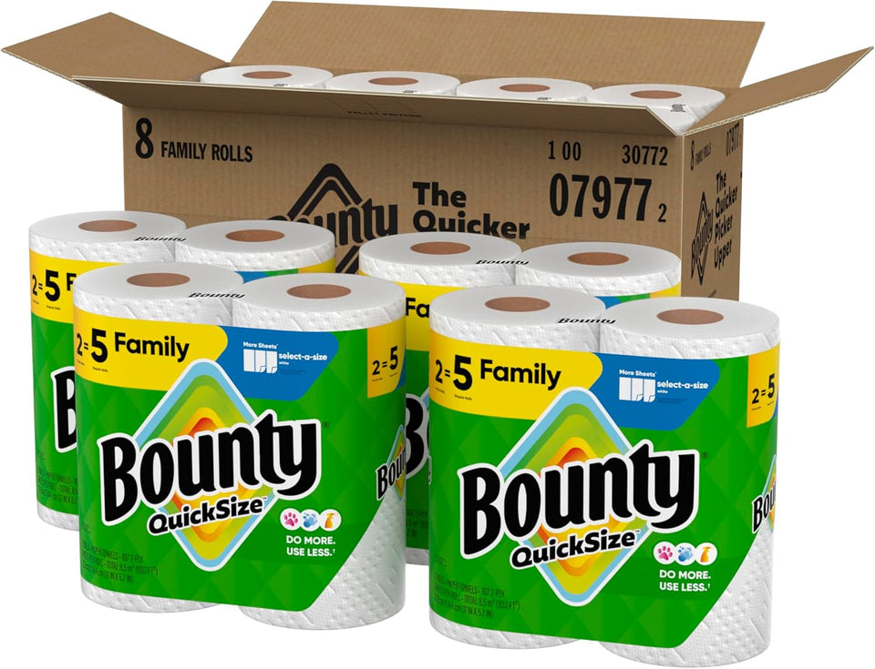 Bounty Quick Size Paper Towels, White, 8 Family Rolls = 20 Regular Rolls - PureLivingMart