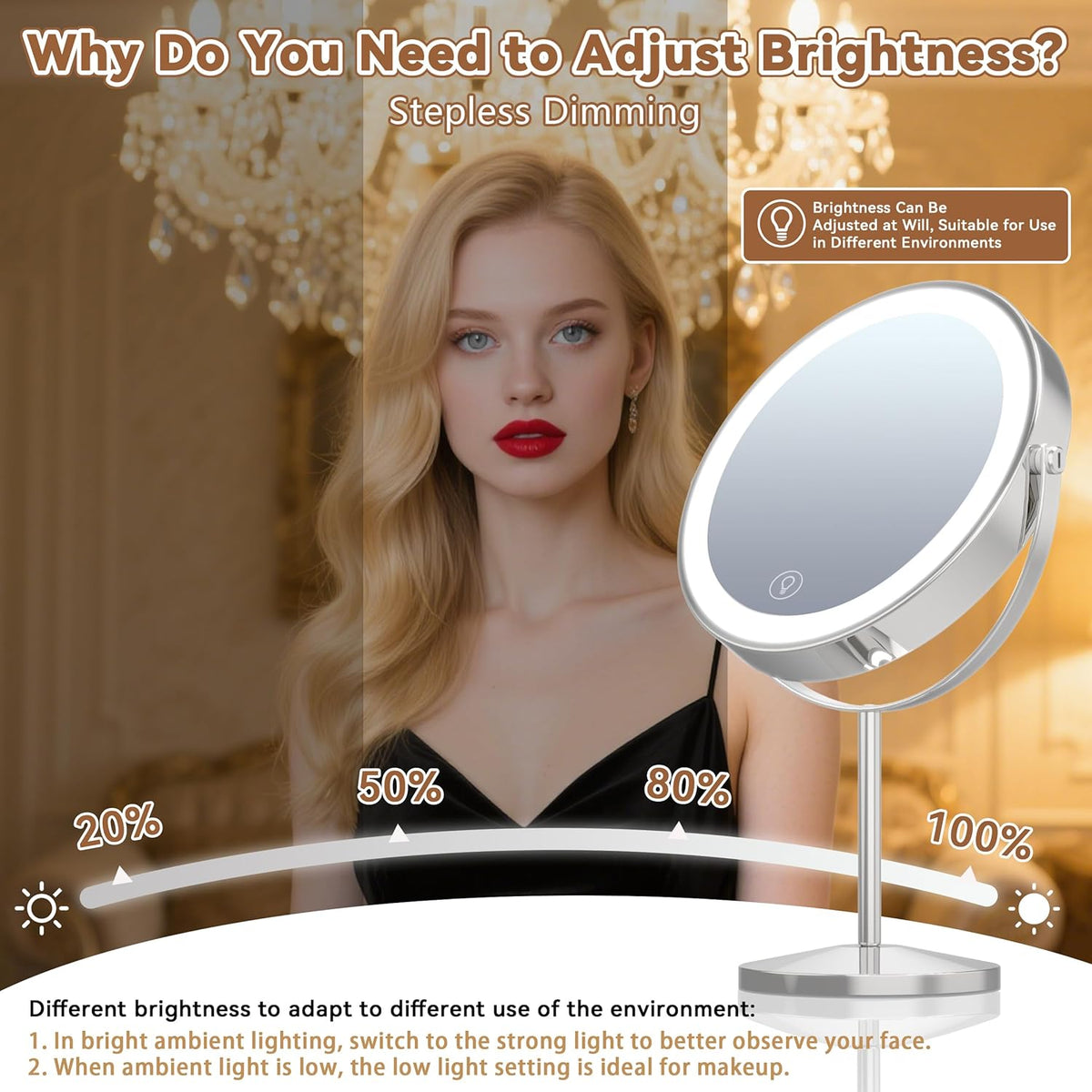 9" Magnifying Mirror with Light 1X/10X, Makeup Mirror with Light includes small mirror, 2000mAh Rechargeable, 360° Rotation, 3 Color Modes, Double-Sided, Ideal for Eyebrows, Lenses & Skincare
