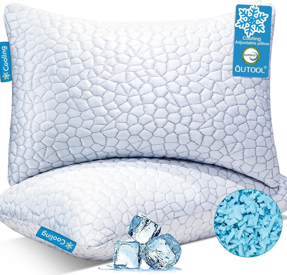 QUTOOL Cooling Pillow for Sleeping, CertiPLR-US Shredded Memory Foam Queen Pillows Set of 2, Cool Pillow for Hot Sleepers Adjustable Firm Pillow for Side, Back, Stomach Sleepers Soft Yet Support,White
