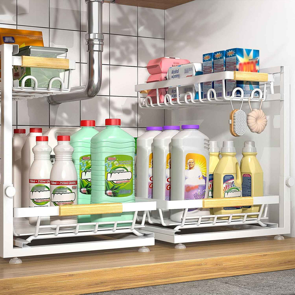 2 Packs Under Sink Organizer, 2026 Upgrade Height Adjustable 2 Tier Under Kitchen Sink Organizer, Multi-Purpose Storage Shelf for Kitchen Bathroom Cabinet (Black)