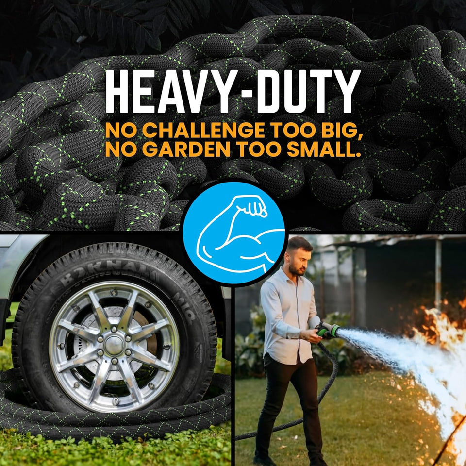 PowerFlow Garden Hose, NON-EXPANDABLE 25 Feet Premium Quality Stainless Steel Metal Water Hose with Durable Fabric Skin, Hose For Commercial, Residential Use, Bonus 10-way Spray Nozzle (25 Ft, Black)