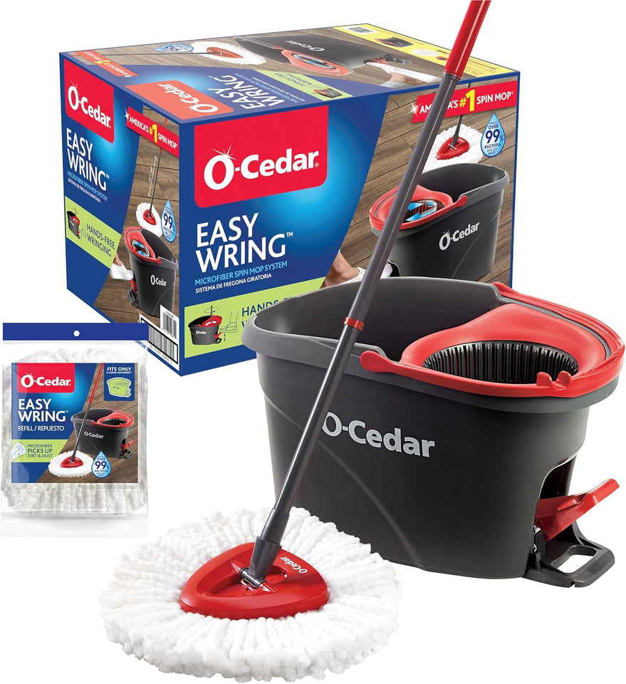 O-Cedar EasyWring Microfiber Spin Mop, Bucket Floor Cleaning System, Red, Gray, Standard - PureLivingMart