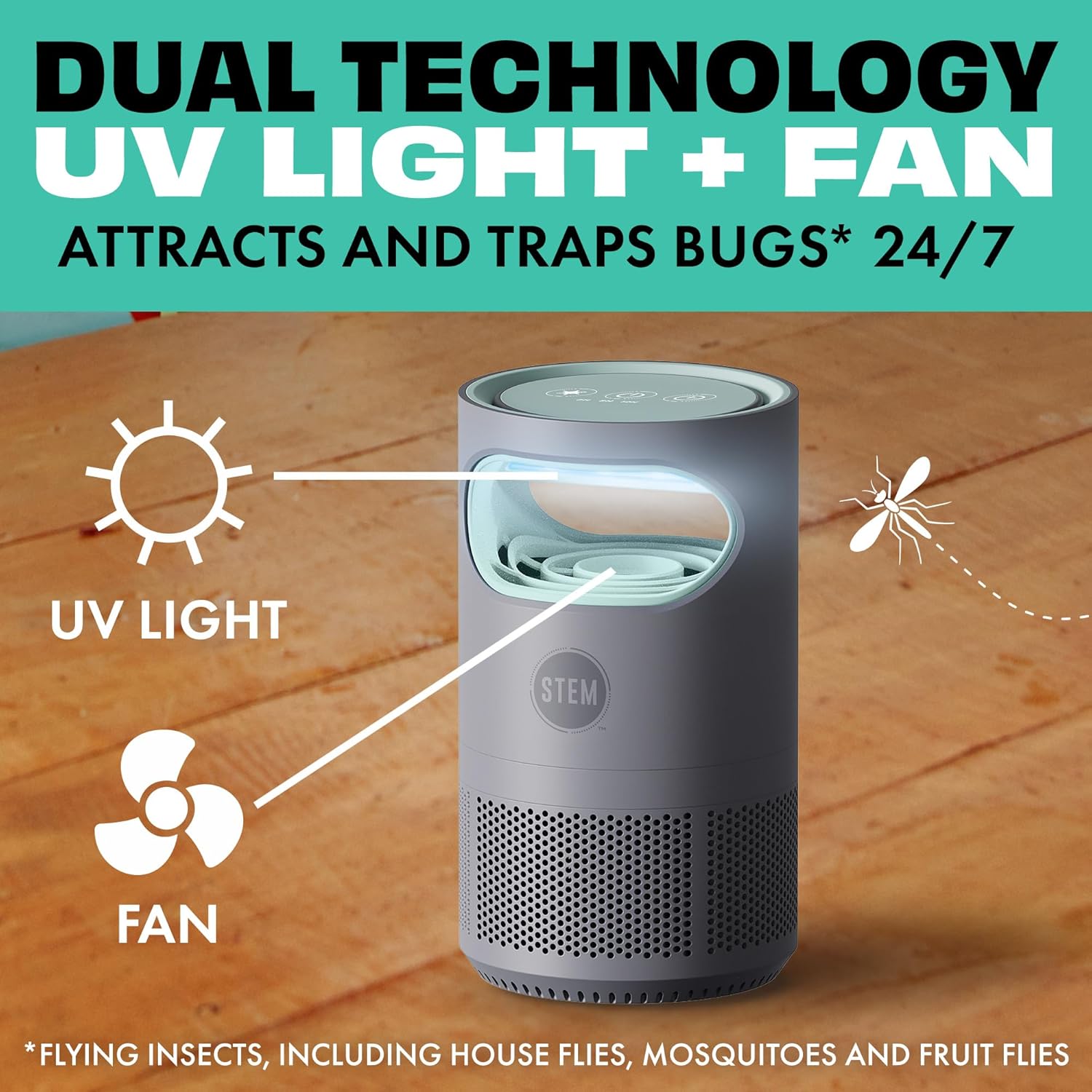 STEM Flying Insect Fan Trap for Indoor Bug Control, Attracts Mosquitoes, Fruit Flies, and House Flies, Plug-in Fan with UV Light, Starter Kit Includes 1 Device and 5 Glue Traps