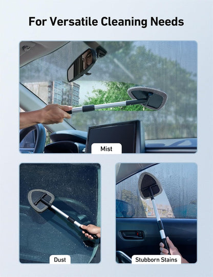 AstroAI Windshield Cleaner Tool, Car Interior Detailing Cleaning Kit with Extendable Handle and 4 Upgraded High-Density Reusable Microfiber Pads, Auto Glass Wiper Brush Kit for Cars, Gray, 15.9in-21in