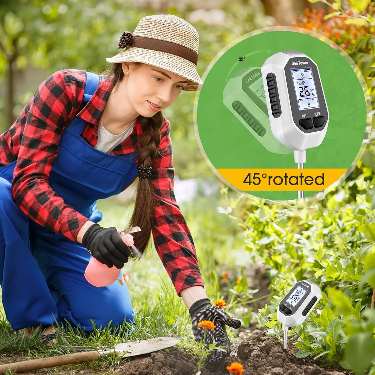 4-in-1 Soil Moisture Meter, Digital Plant Temperature/Soil Moisture Test & PH Meter/Sunlight Intensity, Backlight LCD Display for Gardening, Farming and Outdoor Plants