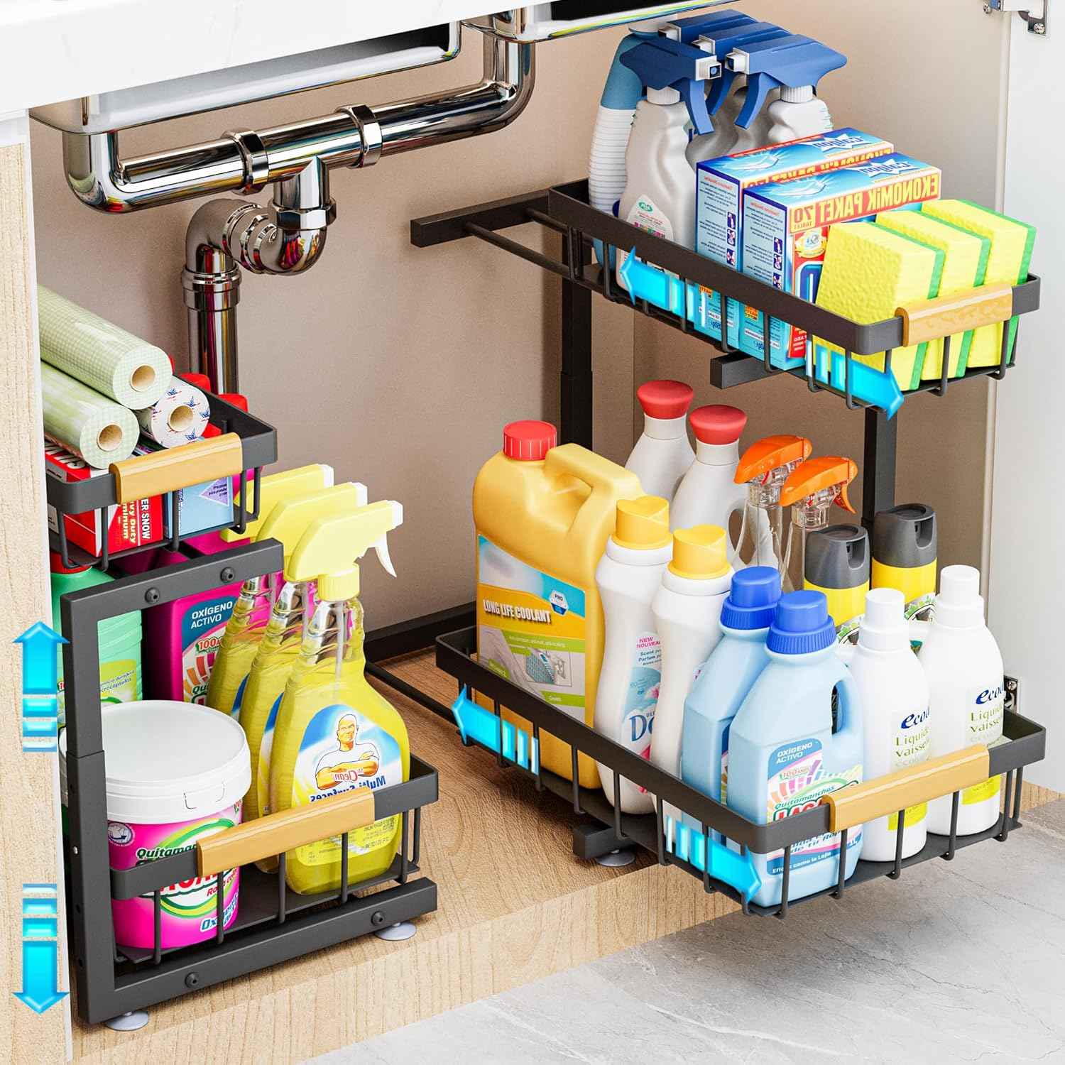 ADBIU Under Sink Organizer, 2 Pack 2 Tier Expandable Height (White, Large Size)