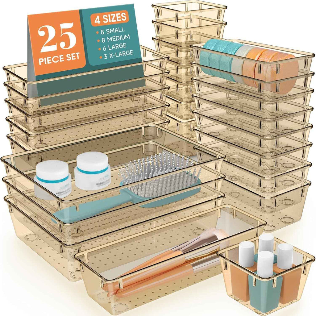 16 PCS Drawer Organizer Set, 5 Varied Size Bathroom and kitchen Drawer cabinet organizer Trays, Clear Storage Bins for Makeup, Jewelry, Utensils and Gadgets