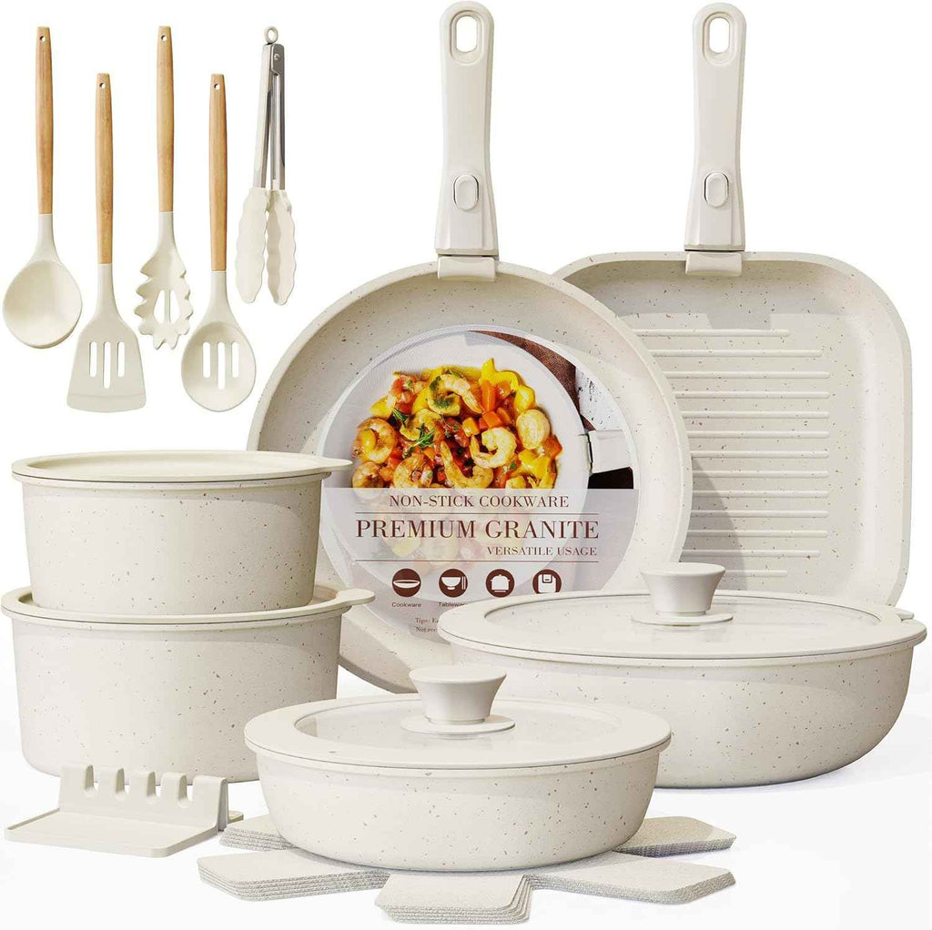 Astercook 23 Pcs Pots and Pans Non Stick Ceramic Cookware Set, Detachable Handle, RV Stackable Kitchen Cooking Set