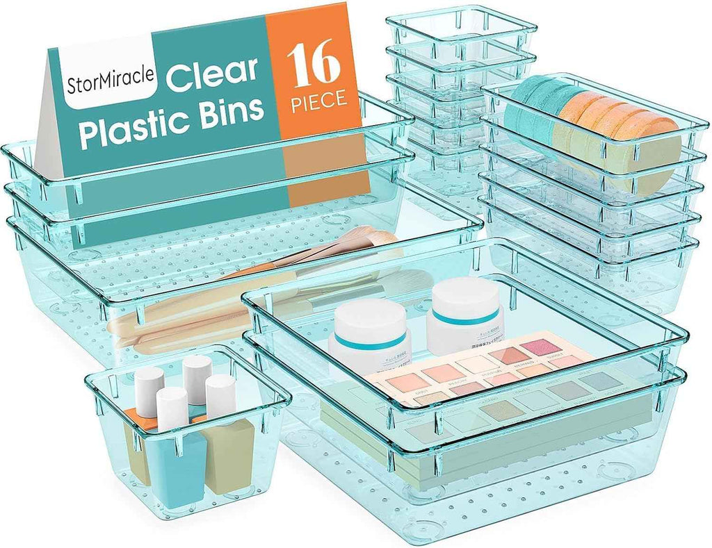 16 PCS Drawer Organizer Set, 5 Varied Size Bathroom and kitchen Drawer cabinet organizer Trays, Clear Storage Bins for Makeup, Jewelry, Utensils and Gadgets