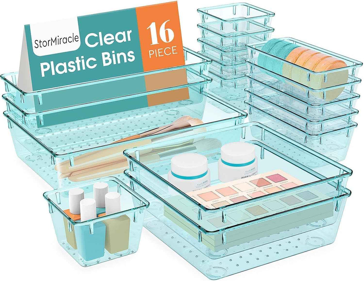 16 PCS Drawer Organizer Set, 5 Varied Size Bathroom and kitchen Drawer cabinet organizer Trays, Clear Storage Bins for Makeup, Jewelry, Utensils and Gadgets