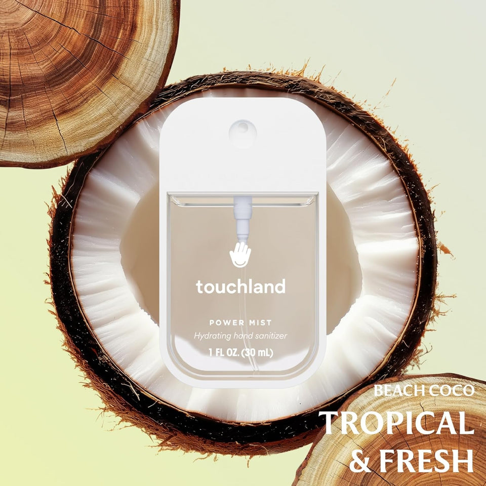 Touchland Hydrating Hand Sanitizer Spray – Dye Free Trio Set (Rainwater, Unscented, Beach Coco) – 3 x 1 FL OZ Mini Travel Size Mists