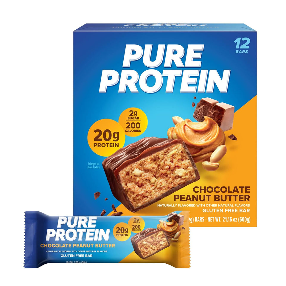 PLre Protein Chocolate Peanut Butter Protein Bars – 20g Protein, 3g Sugar, 190 Calories (12 count) Low Sugar* High Protein Snack - Gluten Free - Perfect for a Healthy Snack