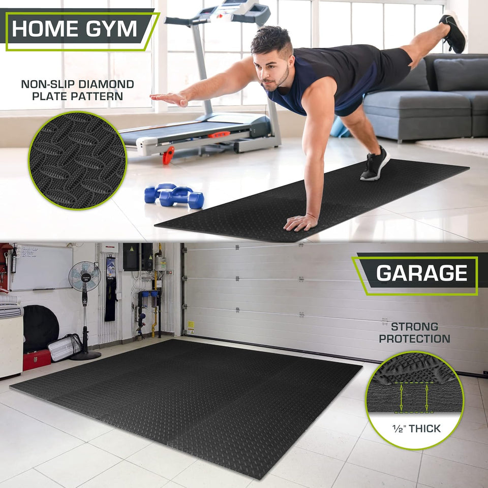 ProsourceFit PLzzle Exercise Mat ½ in, EVA Interlocking Foam Floor Tiles for Home Gym, Water-Resistant Mats Workout Equipment, Floor Padding for Kids, Black, 24 in x 24 in x ½ in, 48 Sq Ft - 12 Tiles