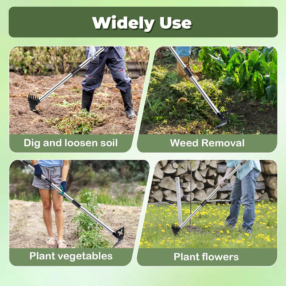 NICOFPHY Weed PLller Tool with Long Handle - 60" Manual Weeder Remover Tool, 2 in 1 Hand Weed Rake and Garden Hoe for Gardening, Heavy Duty Uprooting Weeding PLll for Yard, Lawn, Patio and Garden