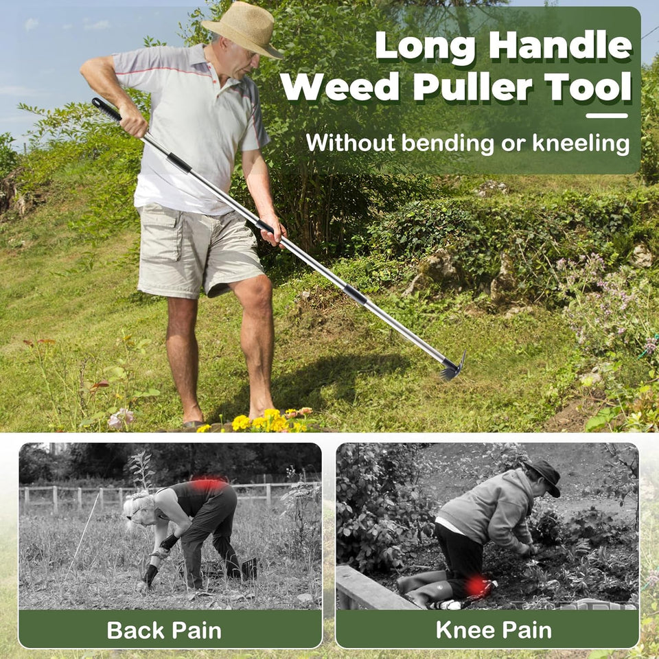NICOFPHY Weed PLller Tool with Long Handle - 60" Manual Weeder Remover Tool, 2 in 1 Hand Weed Rake and Garden Hoe for Gardening, Heavy Duty Uprooting Weeding PLll for Yard, Lawn, Patio and Garden