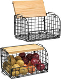 2 Set Stackable Wire Basket with Openable Top, Kitchen Counter, Pantry Organizer and Storage Produce Onion Potato Fruits Vegs Bread Food Snack Spice Organizing Bin for Cabinet Shelf Countertop Floor