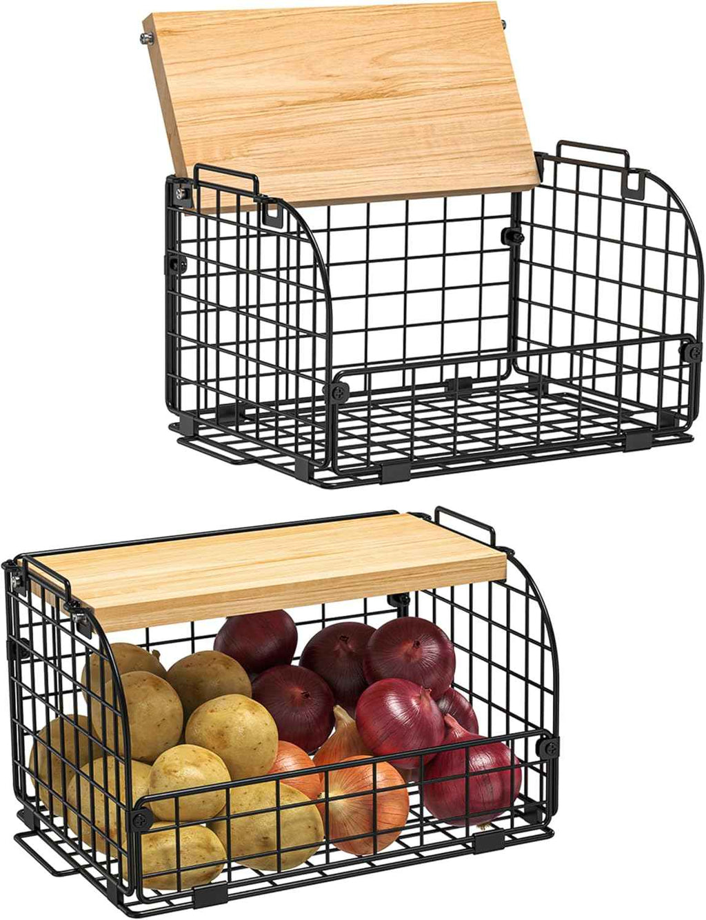 2-Set Stackable Wire Baskets with Openable Top - Versatile Kitchen, Pantry, and Countertop Organizer