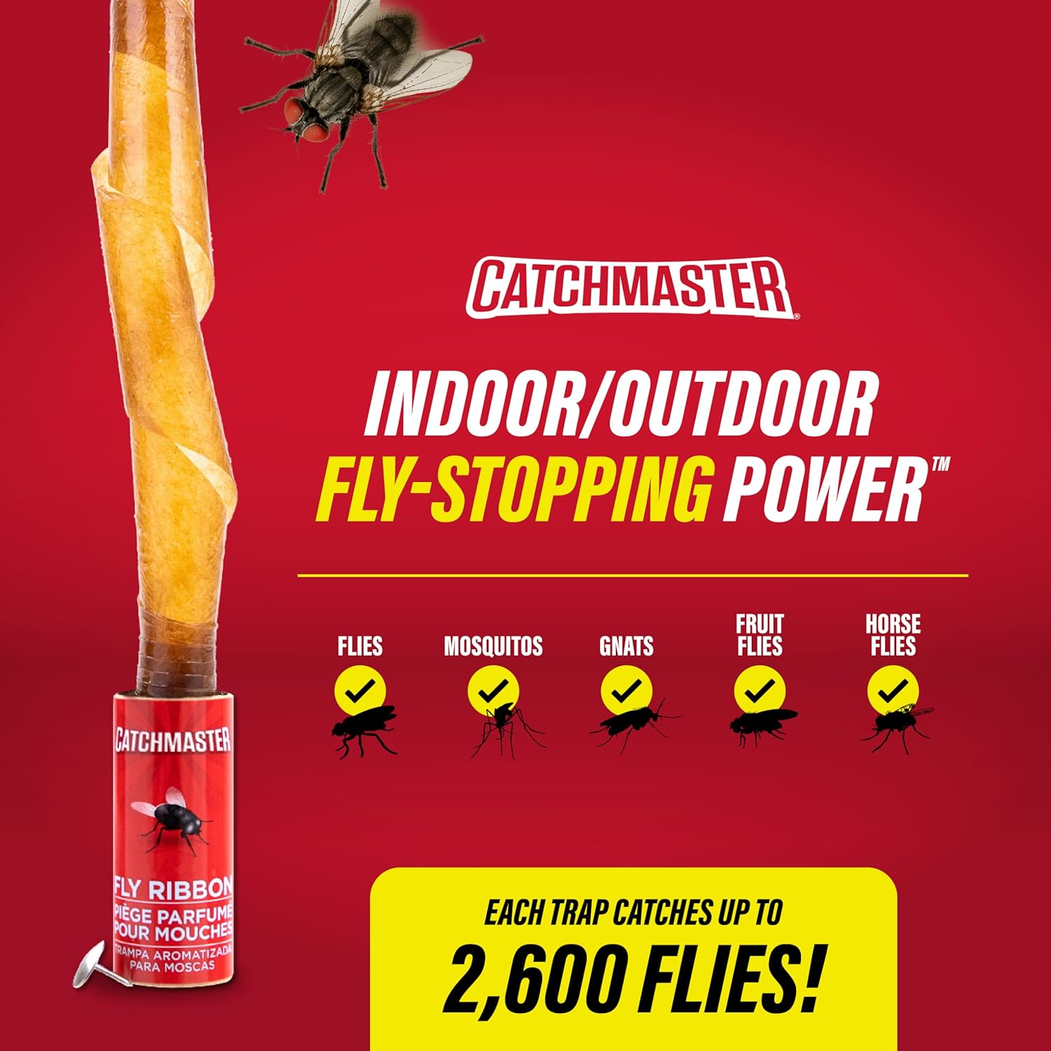 Catchmaster Fly Ribbon 20-Pack, Bug & Fruit Fly Traps Outdoor and Indoor, Premium Adhesive Sticky Strips & Gnat Hanging Strips, Bulk Flying Insect Paper Rolls, Pesticide-Free Home Pest Control