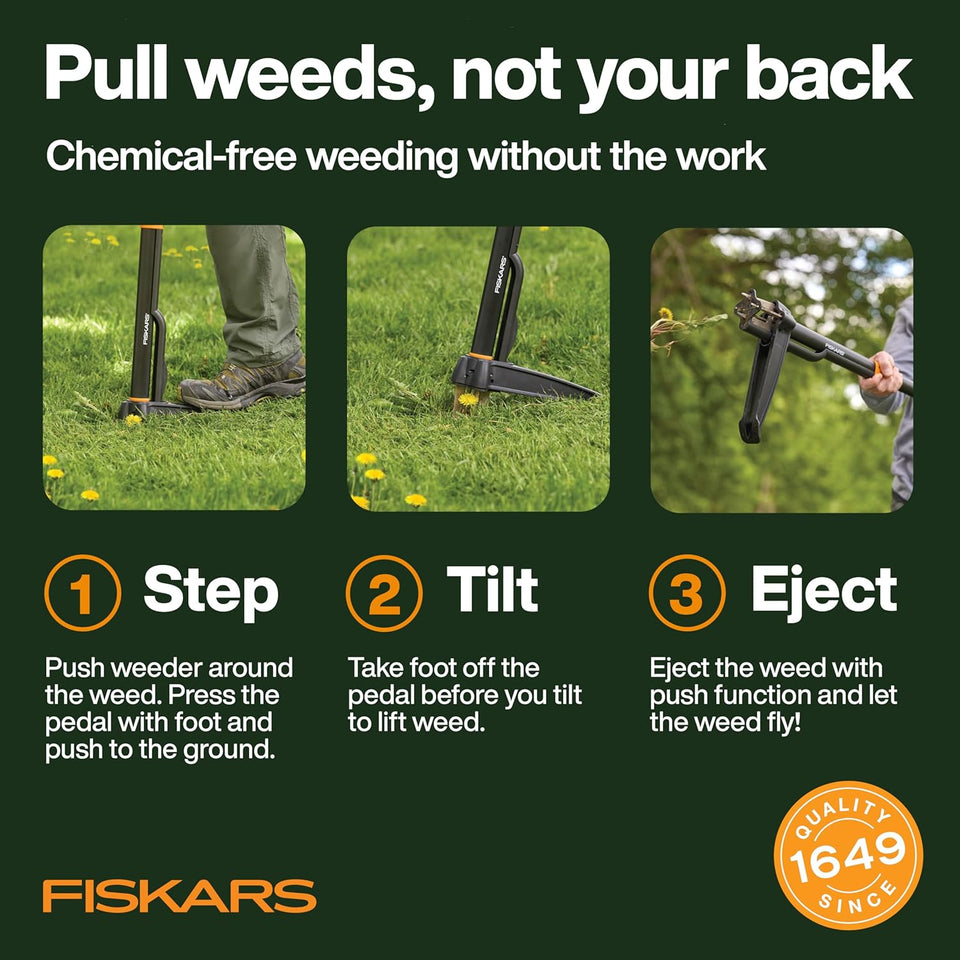 Fiskars Stand-Up Weed PLller Tool, 4 Serrated Stainless Steel Claws Grip Roots for Permanent Removal, Reinforced Foot Platform Penetrates Tough Soil, Easy-Eject & Ergonomic Offset Handle, 39"