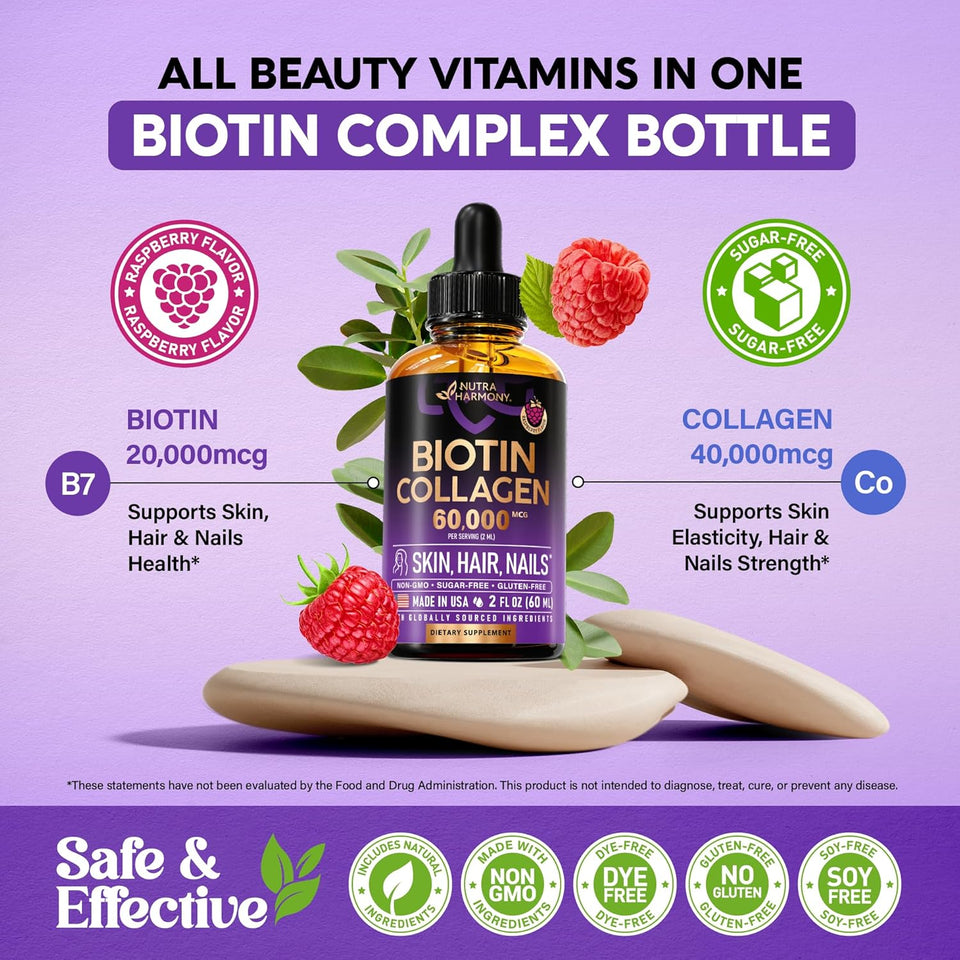 Liquid Biotin & Collagen 60,000 mcg - Vitamins for Hair Growth Support - Extra Strength Drops for Women & Men - Liquid Collagen Supplement - Strong Nails & Healthy Skin - Made in USA - 2 Fl Oz