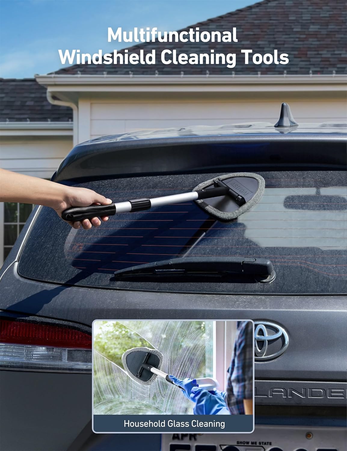 AstroAI Windshield Cleaner Tool, Extendable Handle, 4 Reusable Microfiber Pads, Auto Glass Cleaning Kit, Gray, 15.9-21in