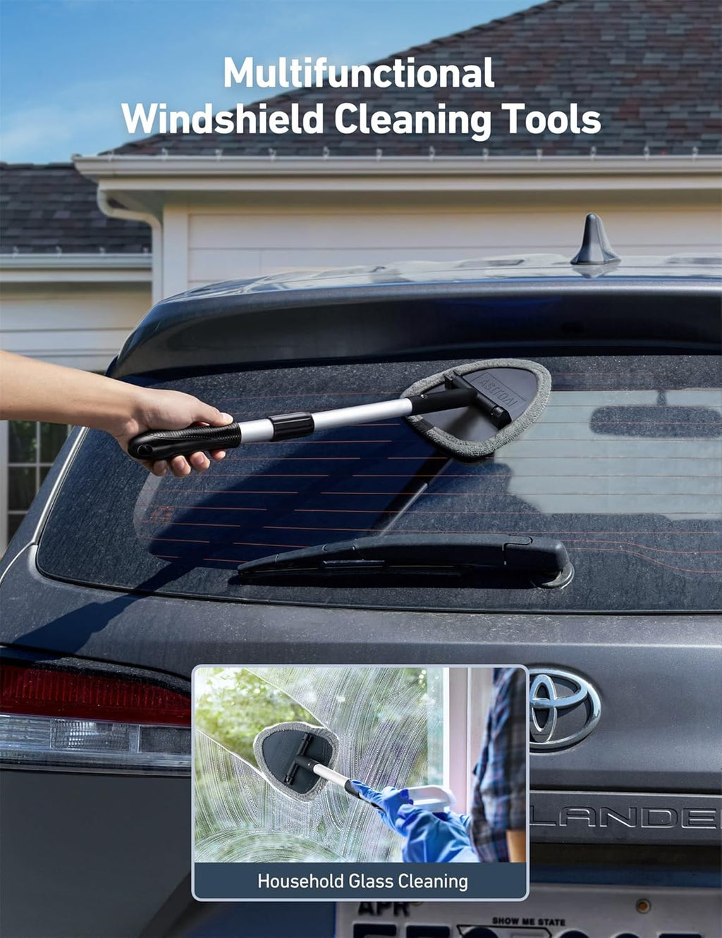 AstroAI Windshield Cleaner Tool, Extendable Handle, 4 Reusable Microfiber Pads, Auto Glass Cleaning Kit, Gray, 15.9-21in