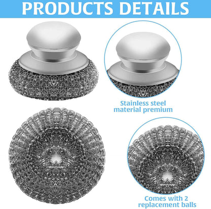Stainless Steel Wool Scrubber with 2 Replacement Pads - Clean Metal Pans, Pots, Grills & More