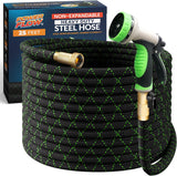 PowerFlow Garden Hose, NON-EXPANDABLE 25 Feet Premium Quality Stainless Steel Metal Water Hose with Durable Fabric Skin, Hose For Commercial, Residential Use, Bonus 10-way Spray Nozzle (25 Ft, Black)