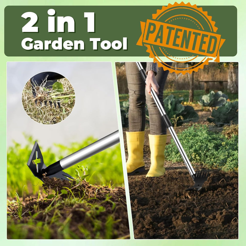 NICOFPHY Weed PLller Tool with Long Handle - 60" Manual Weeder Remover Tool, 2 in 1 Hand Weed Rake and Garden Hoe for Gardening, Heavy Duty Uprooting Weeding PLll for Yard, Lawn, Patio and Garden