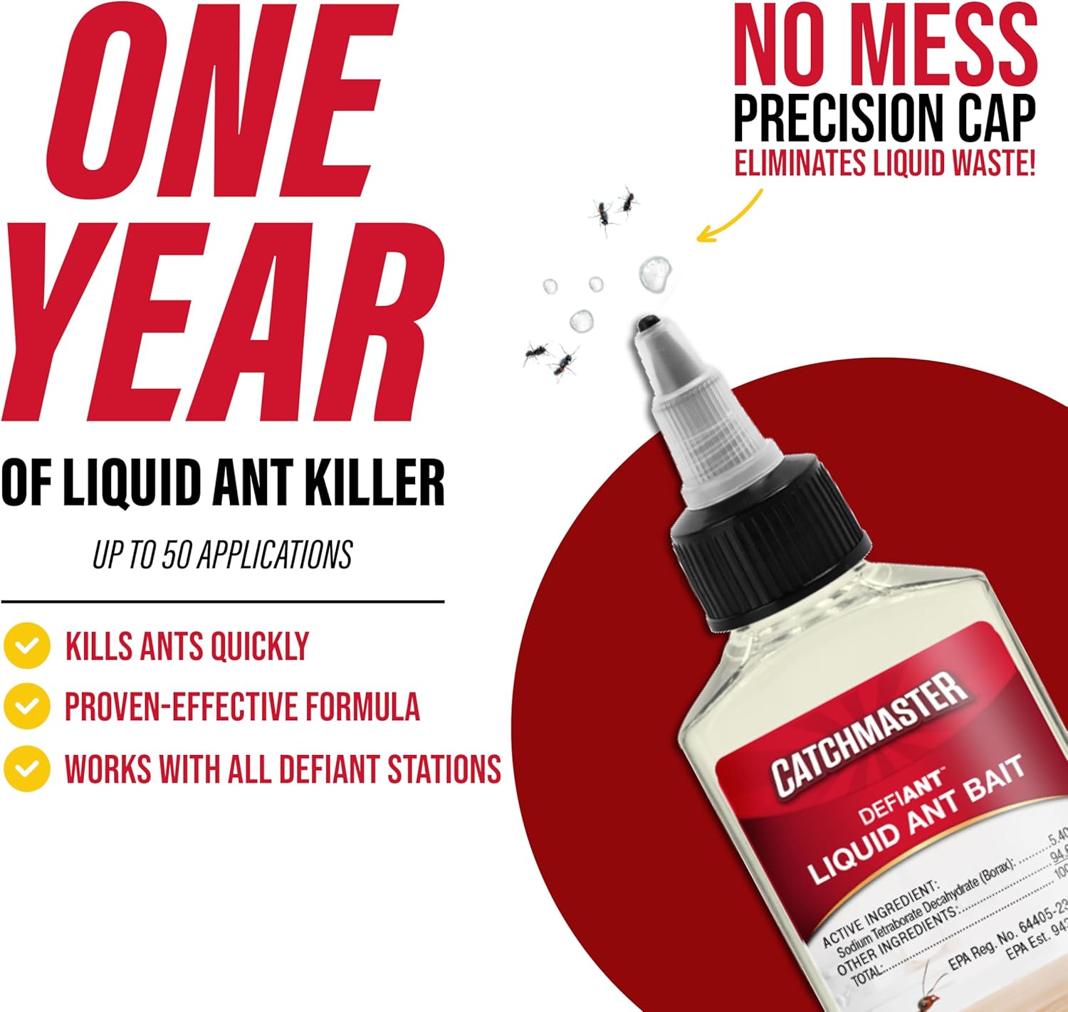 Catchmaster DEFIANT Premium Liquid Ant Killer, 1-Year Supply, Kills the Queen and Colony, No Mess Precision Bottle, Reusable Ant Traps Indoor & Outdoor, Pest Control Traps, Made in USA