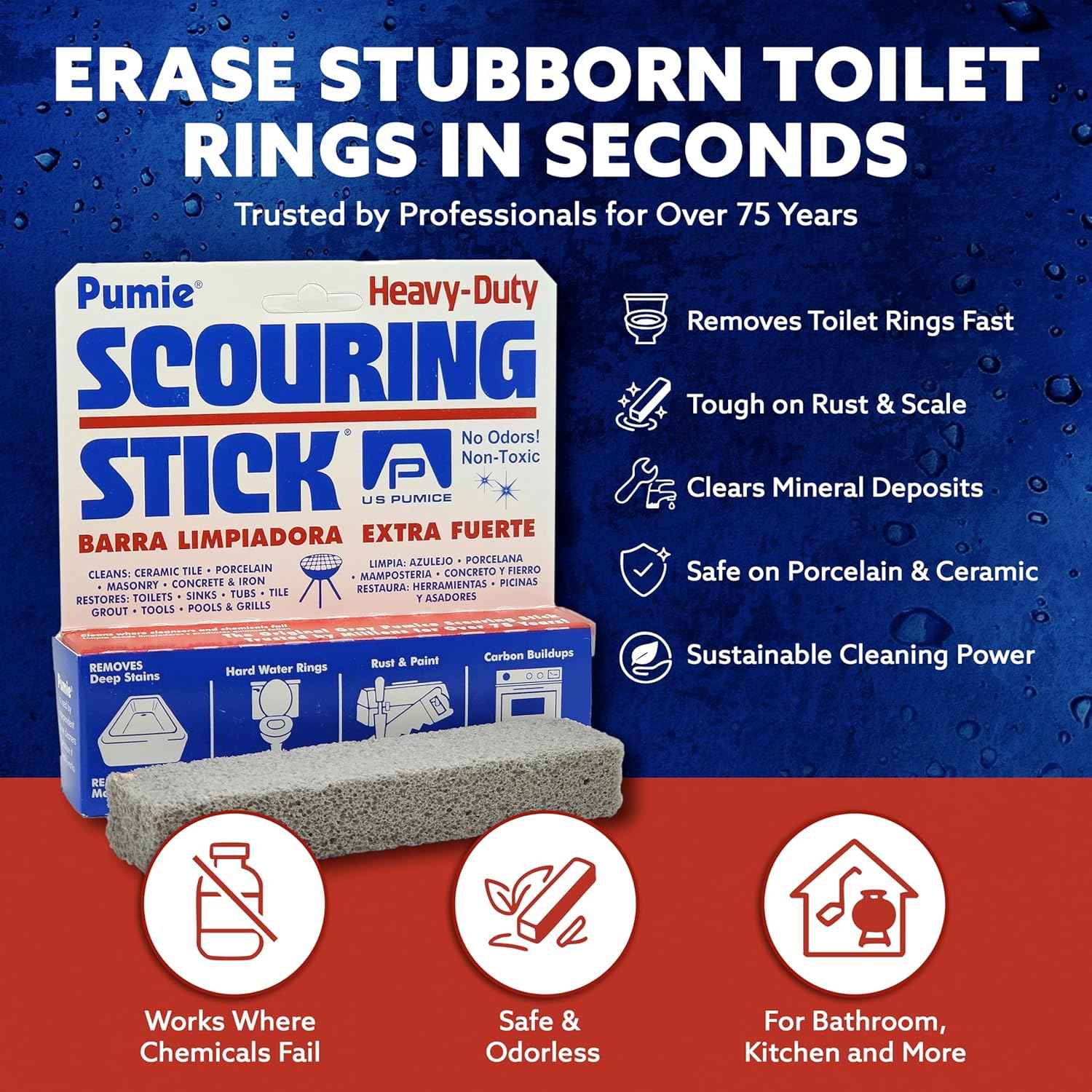PUMIE Scouring Stick 2 Pack, Toilet Bowl Ring Remover, Heavy Duty Extra Strong Pumice Cleaning Bar, Pumice Stone for Cleaning Toilet Rings, Bathroom & Kitchen Stains by USPumice