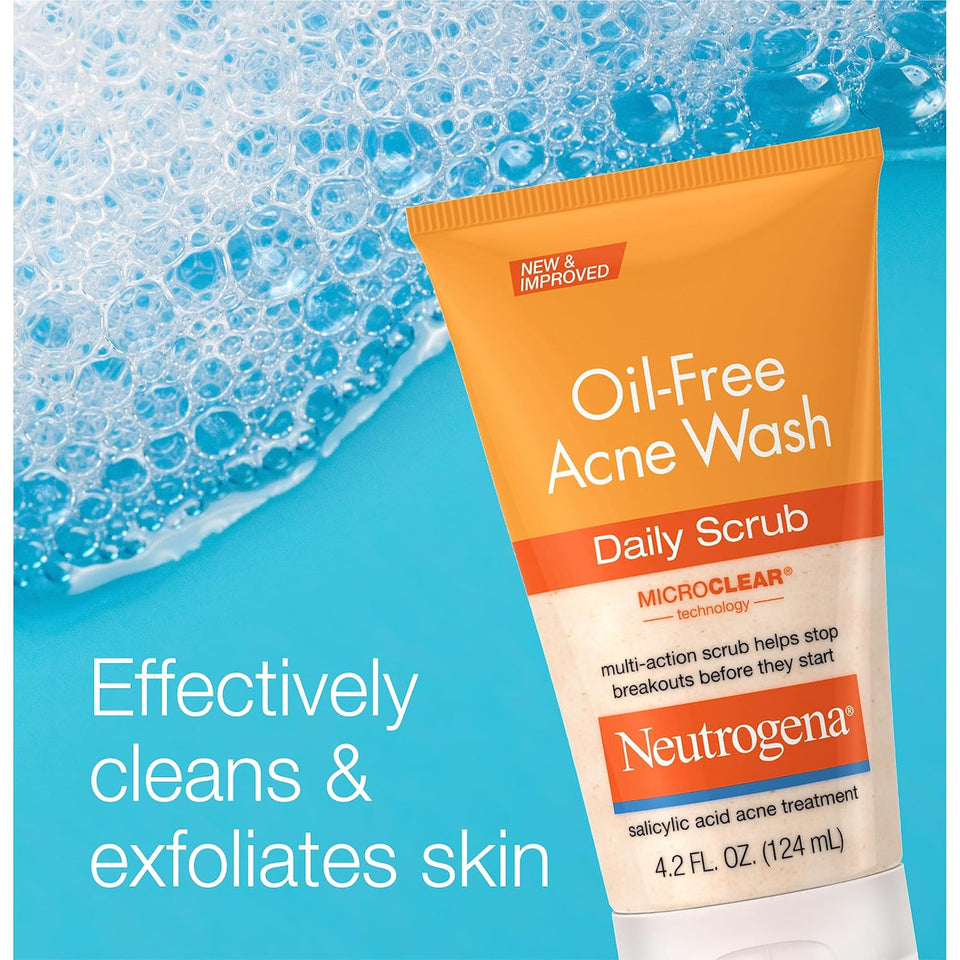 Neutrogena Oil-Free Acne Face Wash with 2% Salicylic Acid, Daily Exfoliating Scrub & Acne Treatment for Oily, Acne-Prone Skin, Clears Breakouts & Blackheads, 4.2 fl. oz