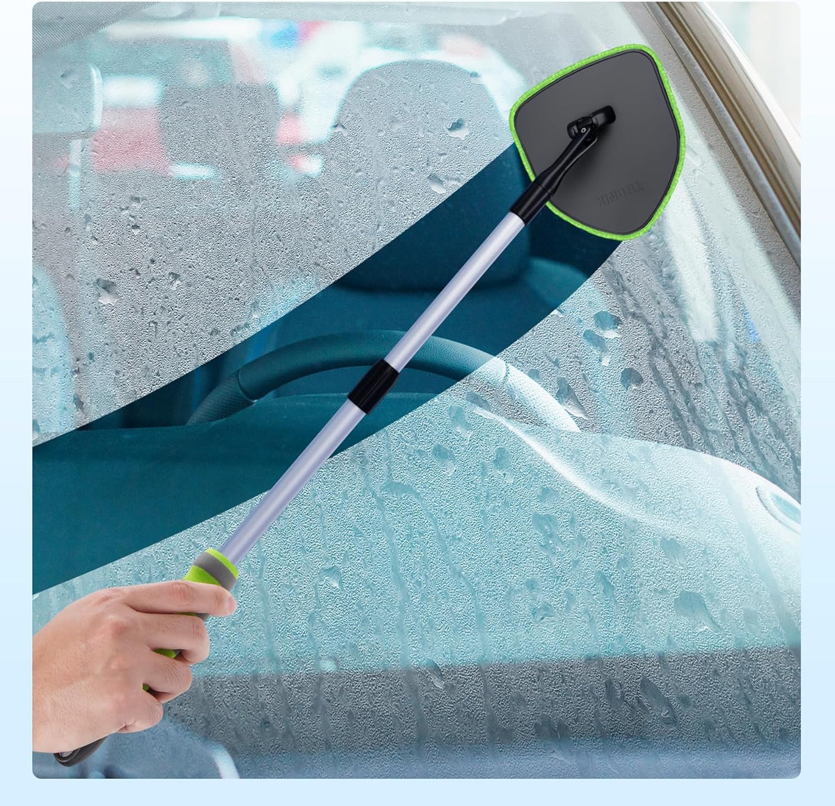 XINDELL Extendable Windshield Cleaner for Car, Long Handle Car Interior Glass Cleaning Tool with Pivot Head – Reusable Microfiber Pads, Streak-Free Auto Detailing Kit for SUV Truck