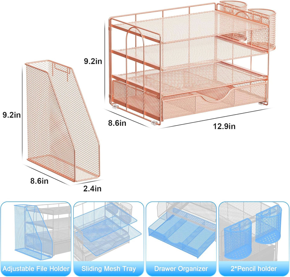 gianotter Desk Organizers and Accessories with File Holder, 4-Tier Desk Accessories & Workspace Organizers with Drawer and 2 Pen Holder, Paper Organizer for Office Supplies (Rose Gold)