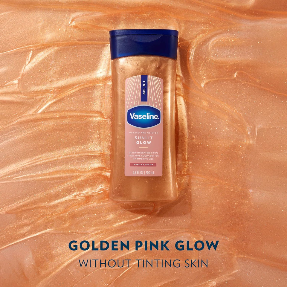 Vaseline Glazed and Glisten Sunlit Glow Body Gel Oil Vanilla Cocoa Shimmering with Ultra-Hydrating Lipids and 100% PLre Cocoa Butter, 6.8 Oz