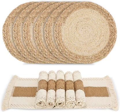 Handmade Boho Natural Cotton Burlap Placemats Set of 6 for Dining Table Kitchen