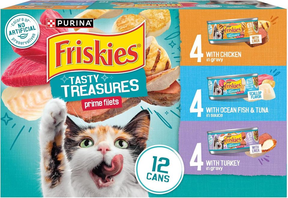 PLrina Friskies Wet Cat Food Variety Pack, Tasty Treasures Prime Filets (With Ocean Fish and Tuna, With Chicken and With Turkey) - 5.5 Ounce (Pack of 12)