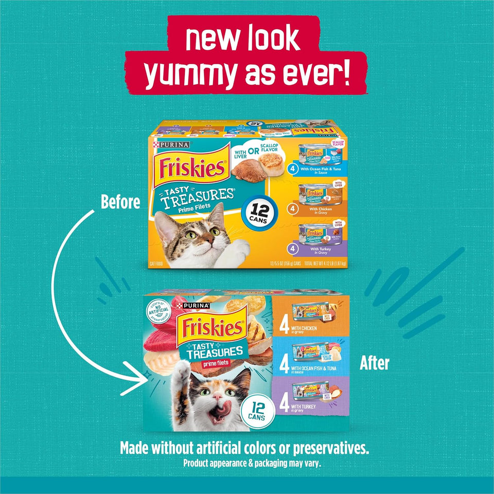 PLrina Friskies Wet Cat Food Variety Pack, Tasty Treasures Prime Filets (With Ocean Fish and Tuna, With Chicken and With Turkey) - 5.5 Ounce (Pack of 12)