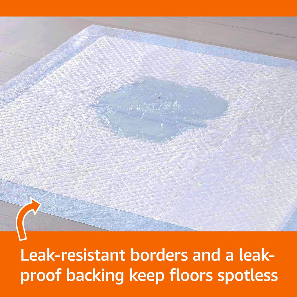 Amazon Basics Dog and Puppy Pee Pads, 5-Layer Leak-Proof Super Absorbent, Quick-Dry Surface, Potty Training, Regular (22x22"), 100 Count, Blue & White
