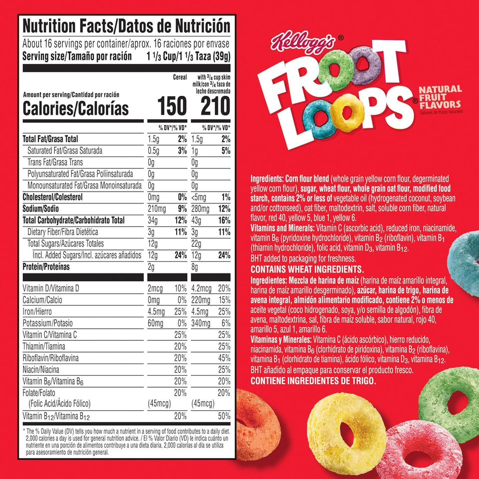 Kellogg's Froot Loops Breakfast Cereal, Good Source of Fiber, 15g Whole Grains, Giant Size, 23 oz