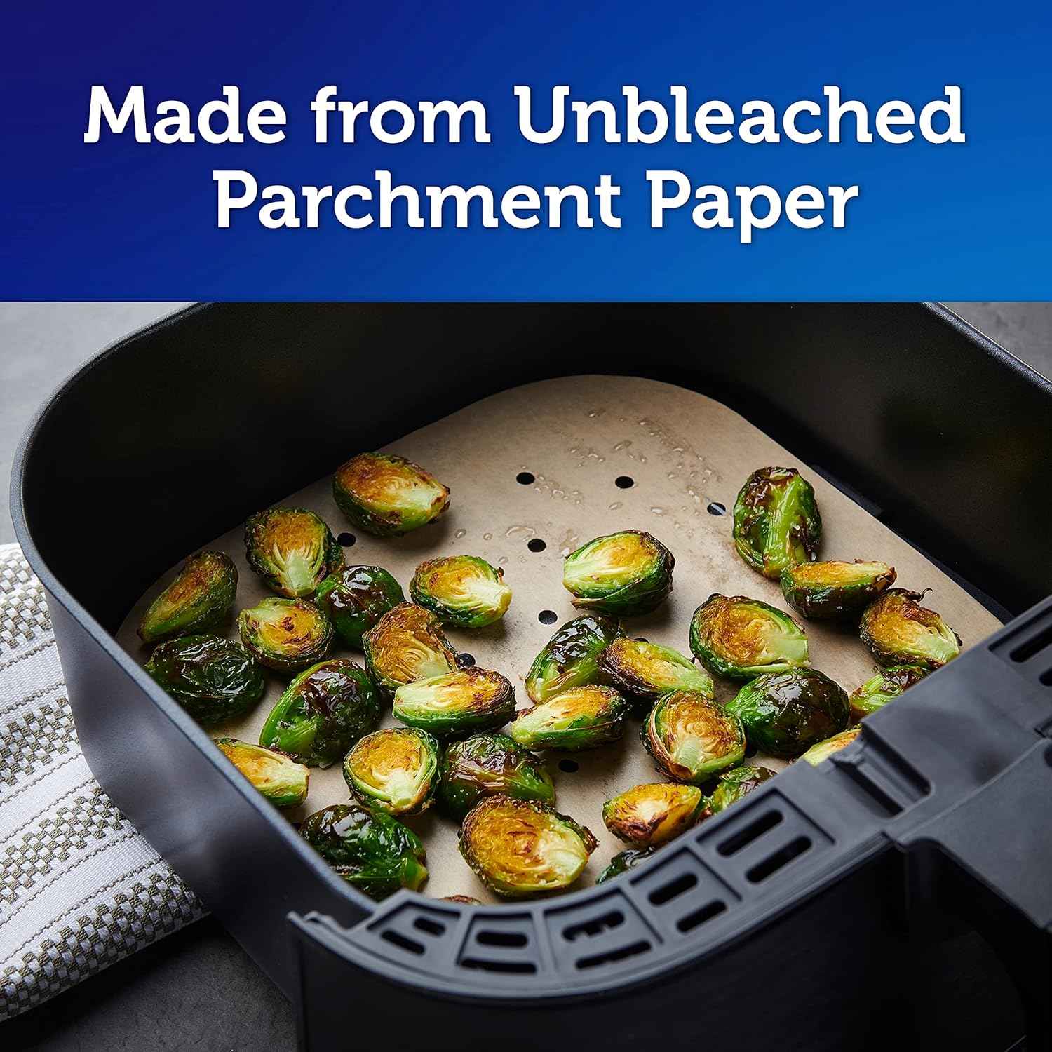 Reynolds Kitchens Air Fryer Liners Disposable, Unbleached Parchment Paper Sheets, 50 Count