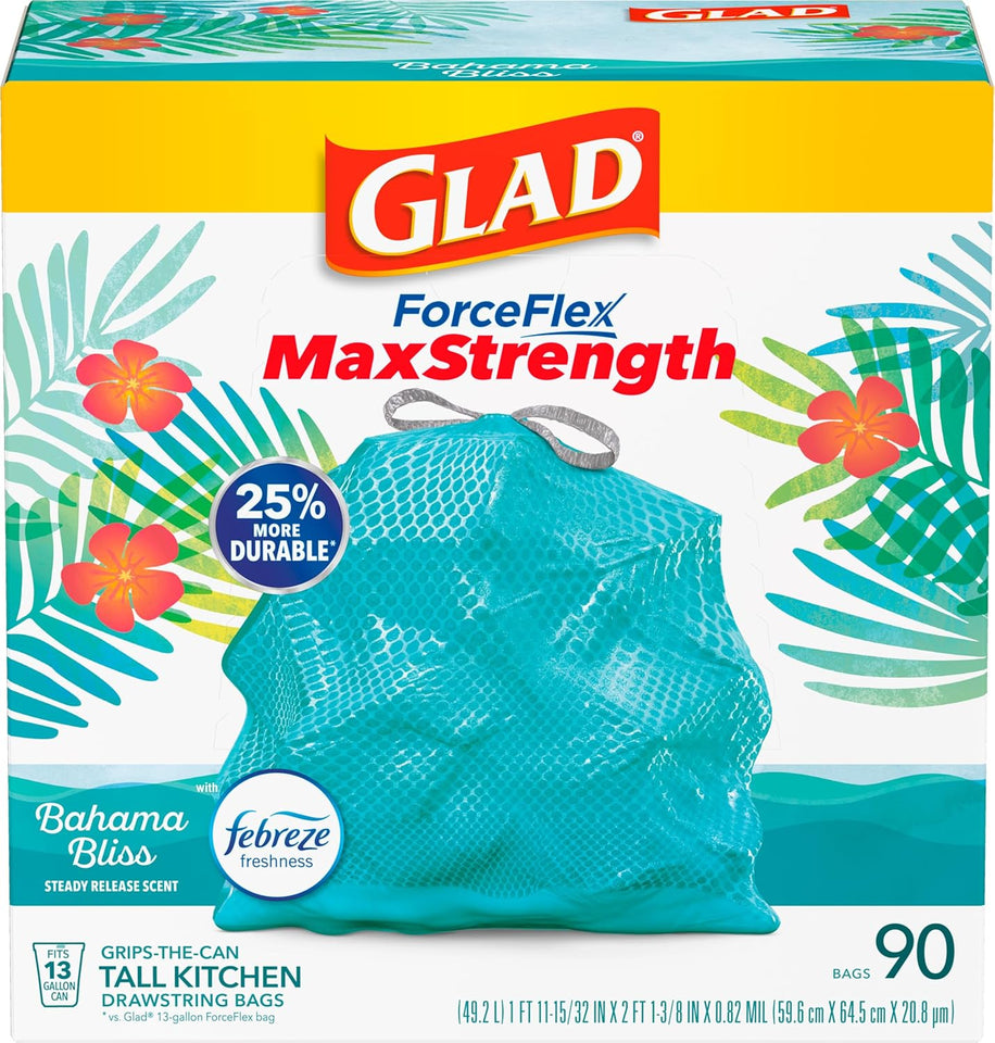 Glad Tall Kitchen Trash Bags 13 Gallon, MaxStrength Cherry Blossom Garbage Bags, Drawstring, 90 Count - PureLivingMart