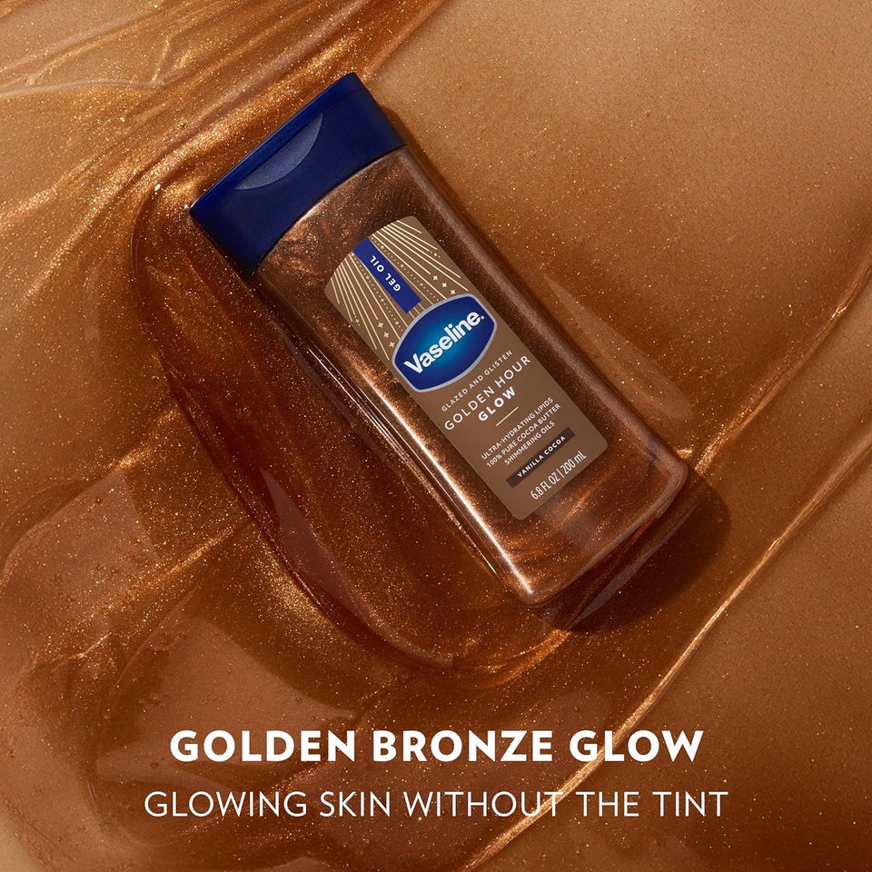 Vaseline Glazed and Glisten Golden Hour Body Gel Oil Glow Vanilla Cocoa Shimmering with Ultra-Hydrating Lipids and 100% PLre Cocoa Butter, 6.8 Oz
