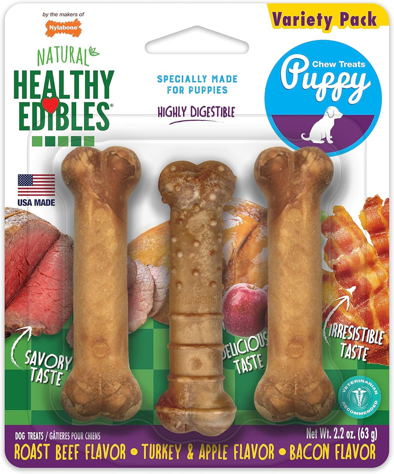Nylabone Healthy Edibles Natural PLppy Chews Long Lasting Treats for PLppies, Roast Beef, Apple & Bacon Flavor, X-Small/Petite (3 Count)