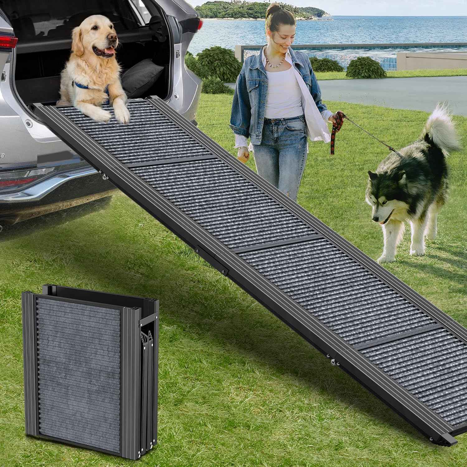 Dog Ramp for Car 63" Long & 17" Wide Portable Dog Ramps for Large Dogs with Non-Slip Rug Surface Dog Car Ramp for SUV Car & Truck, Folding Dog Ramp Up to 250LBS